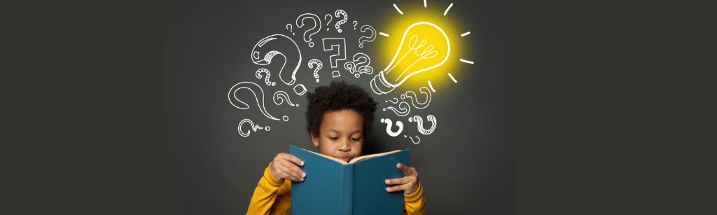 child reading with questions and symbols around his head