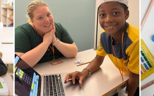 three images of kids working with assistive technology