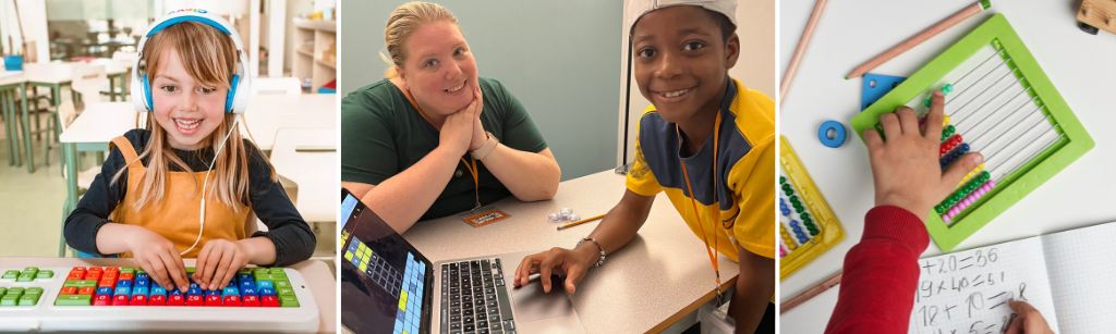 three images of kids working with assistive technology