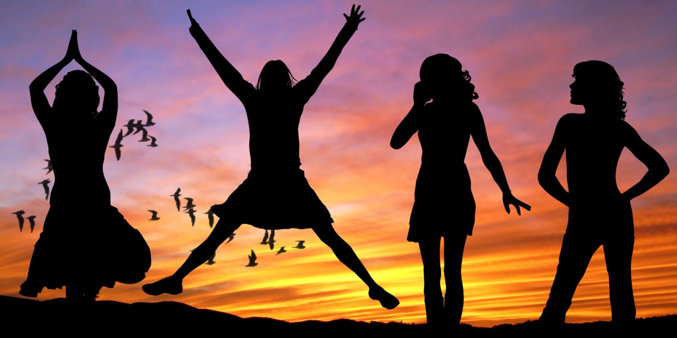 sunset background and four women in different poses shadowed