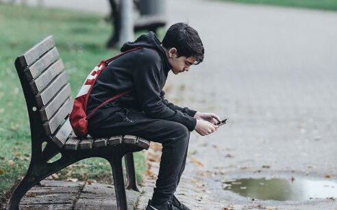 boy on bench in park looking at phone