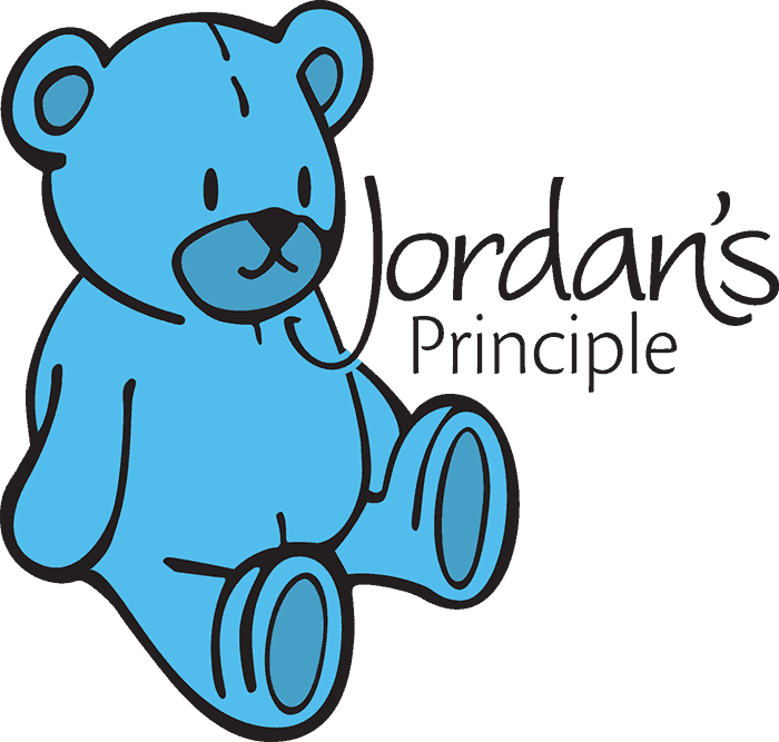 blue teddy bear with logo text