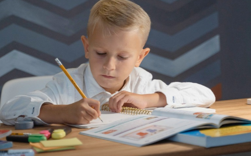 Boy writing on desk with stationery.